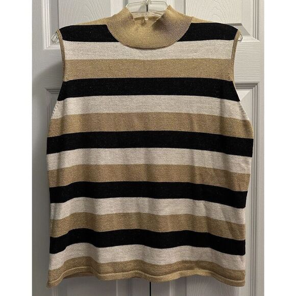 Kathie Lee Mock Neck Shimmer Striped Sleeveless Sweater Tank Top Size XL - Picture 1 of 3